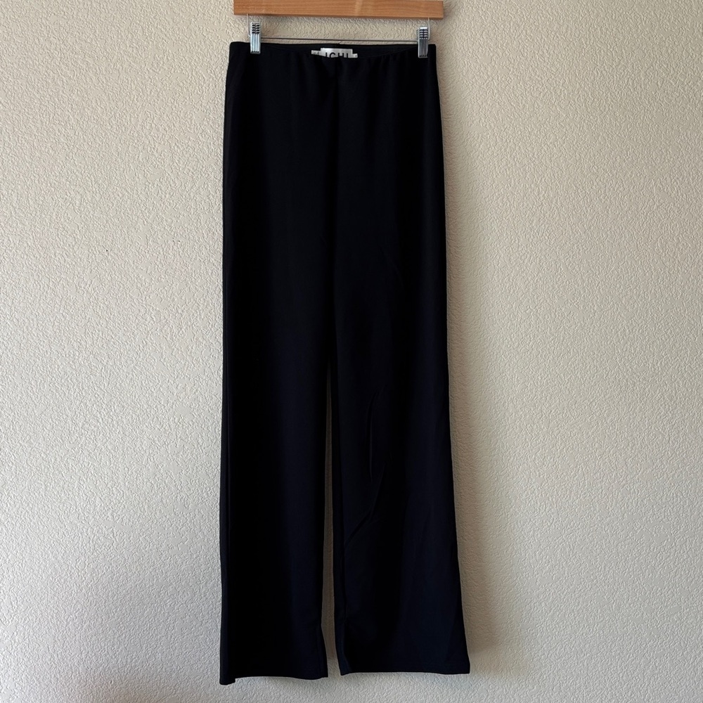 ICHI Black Wide-Leg Pants With Side Slit on Hem